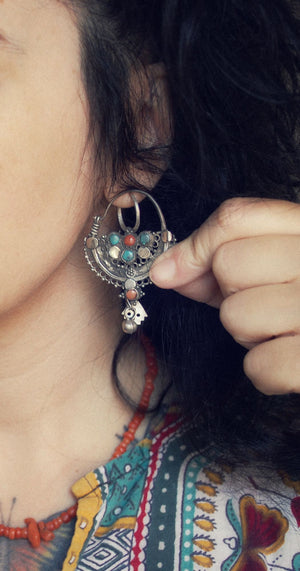 Antique Afghani Hoop Earrings with Turquoise and Coral - Tribal Hoop Earrings - Afghani Earrings - Ethnic Hoop Earrings - Afghani Jewelry