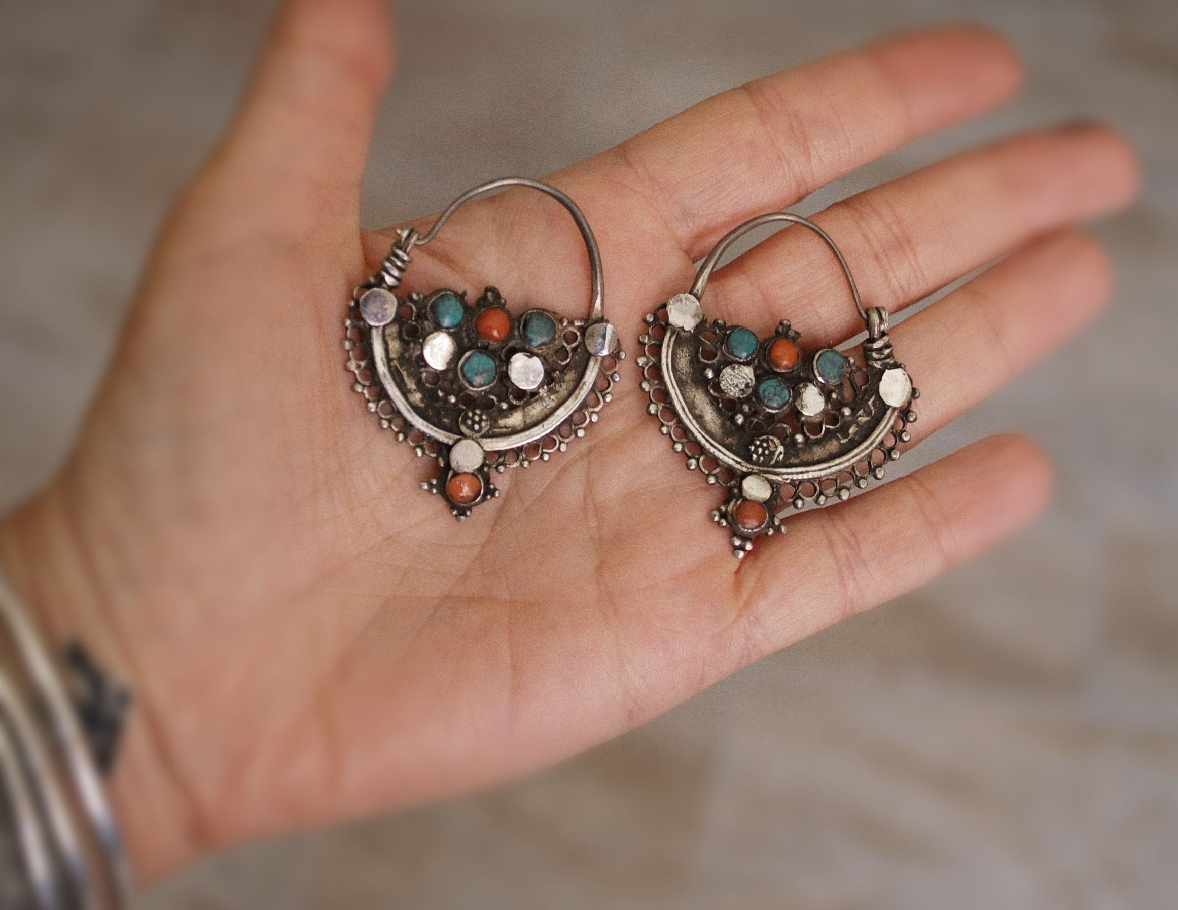 Antique Afghani Hoop Earrings with Turquoise and Coral - Tribal Hoop Earrings - Afghani Earrings - Ethnic Hoop Earrings - Afghani Jewelry