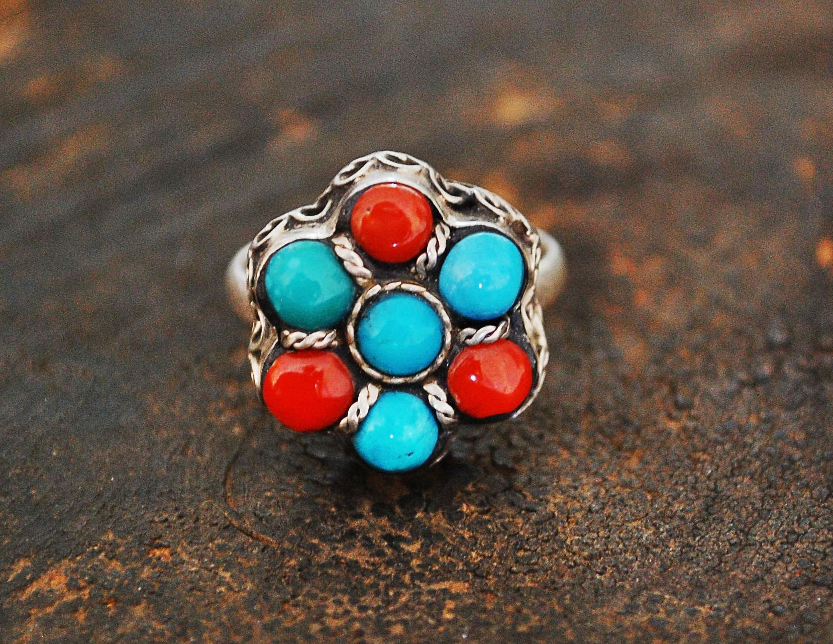 Ethnic Turquoise Coral Ring from India - Size 6