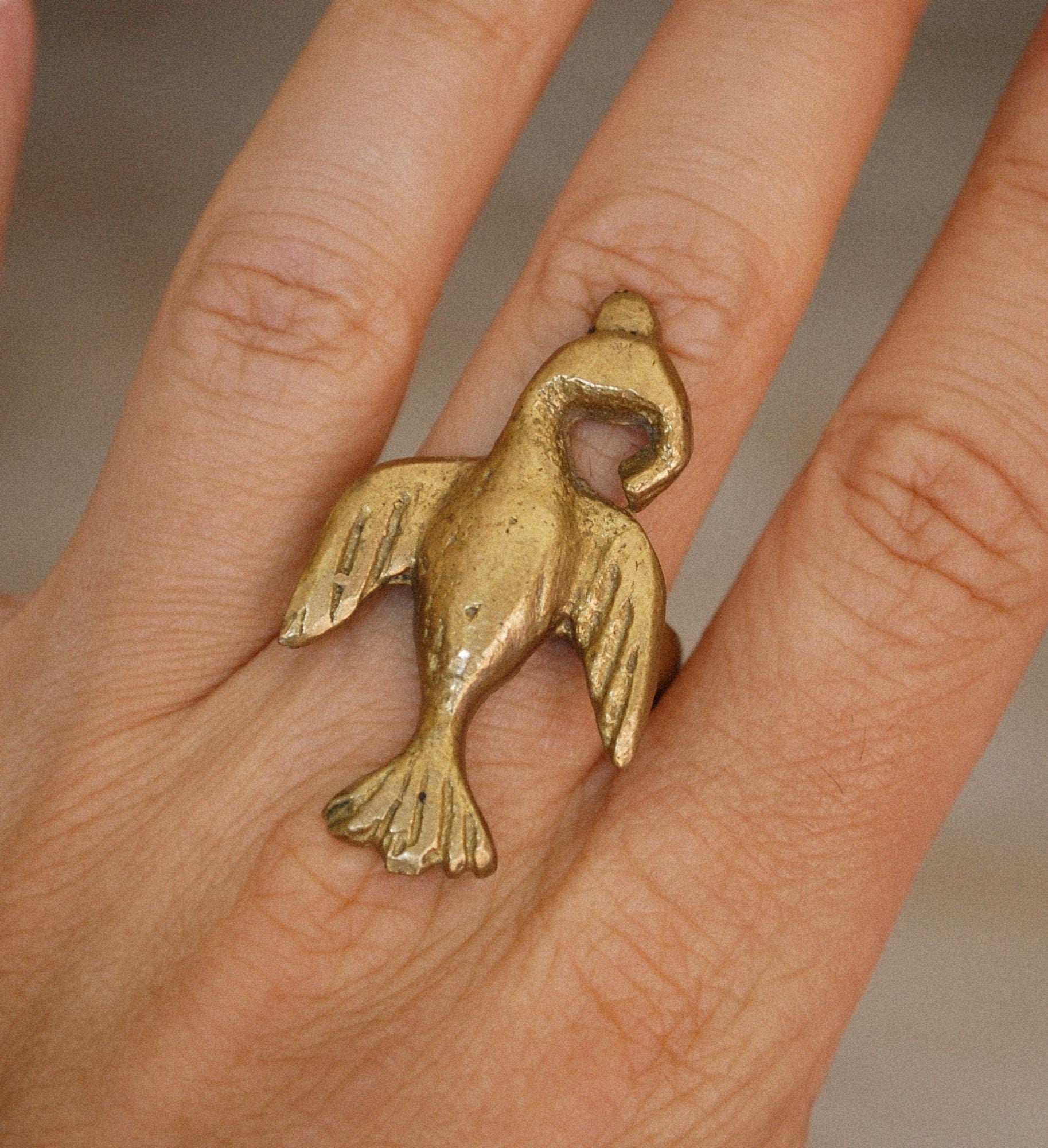 Old Akan Bird Ring - Size 10 - Ashanti Bird Ring - Adinkra Bird Ring - African Brass Ring from Ghana