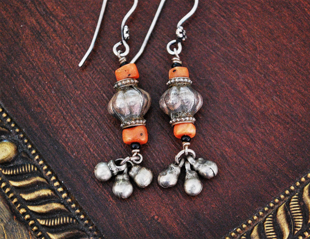 Afghani Silver Coral Dangle Earrings - Afghani Earrings - Afghani Jewelry - Ethnic Earrings - Tribal Earrings - Afghan Earrings