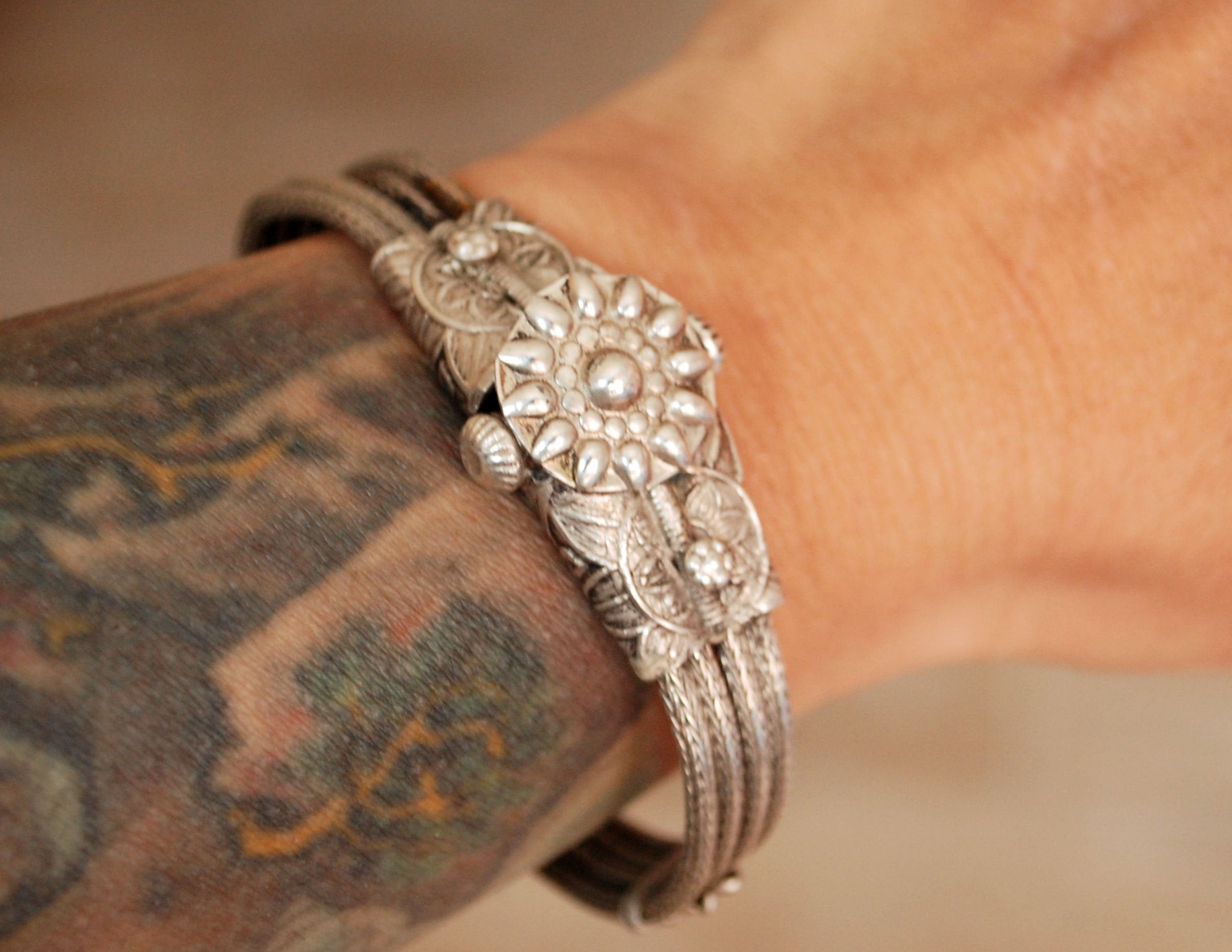 Rajasthani Silver Bracelet - Indian Snake Chain Bracelet - Rajasthan Snake Chain Bracelet with Flowers - Rajasthani Jewelry