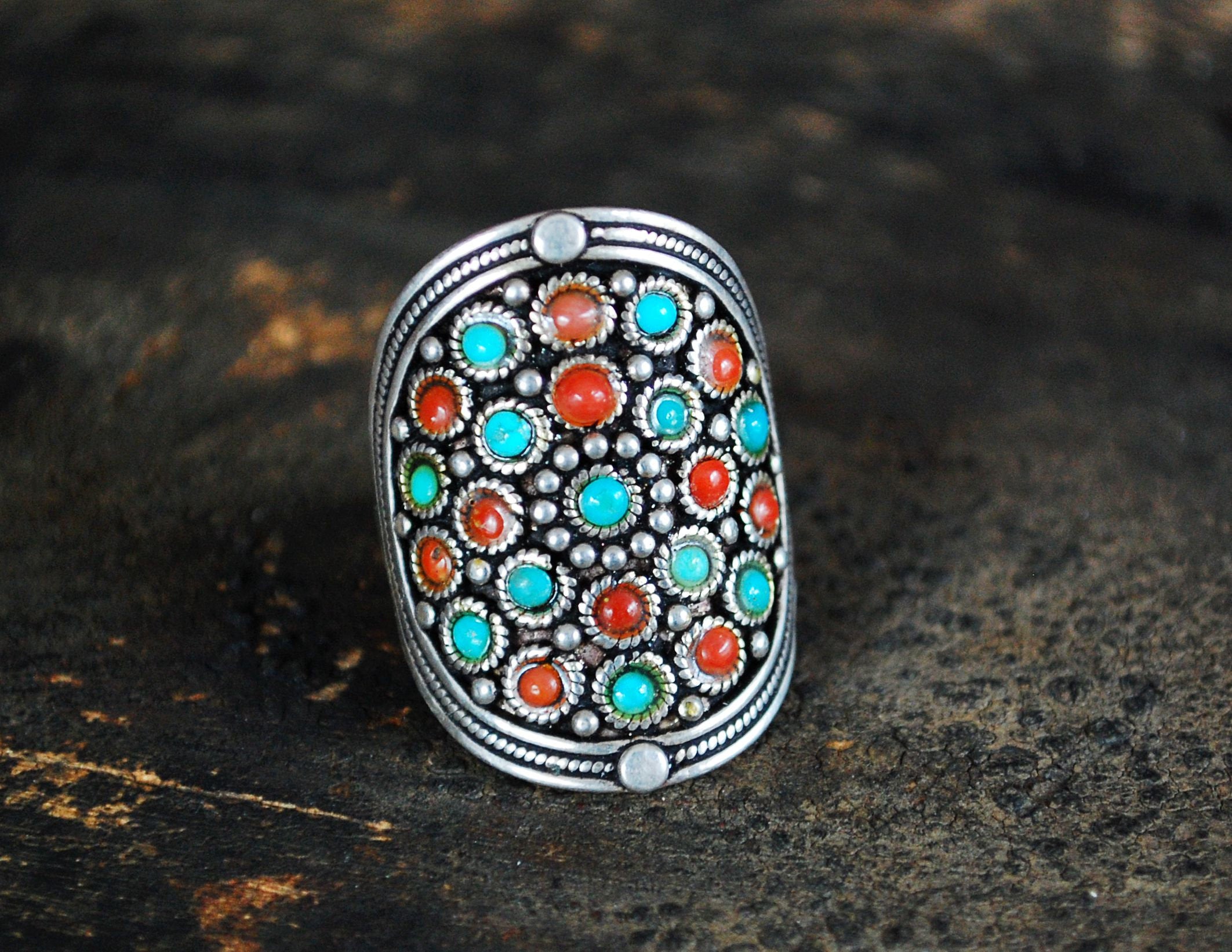 Gypsy Turquoise and Coral Ring - Fantastic! - Size 10.5 - India Ring - Indian Jewelry - Coral Turquoise Ring
