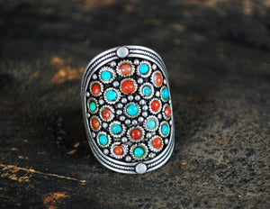 Gypsy Turquoise and Coral Ring - Fantastic! - Size 10.5 - India Ring - Indian Jewelry - Coral Turquoise Ring