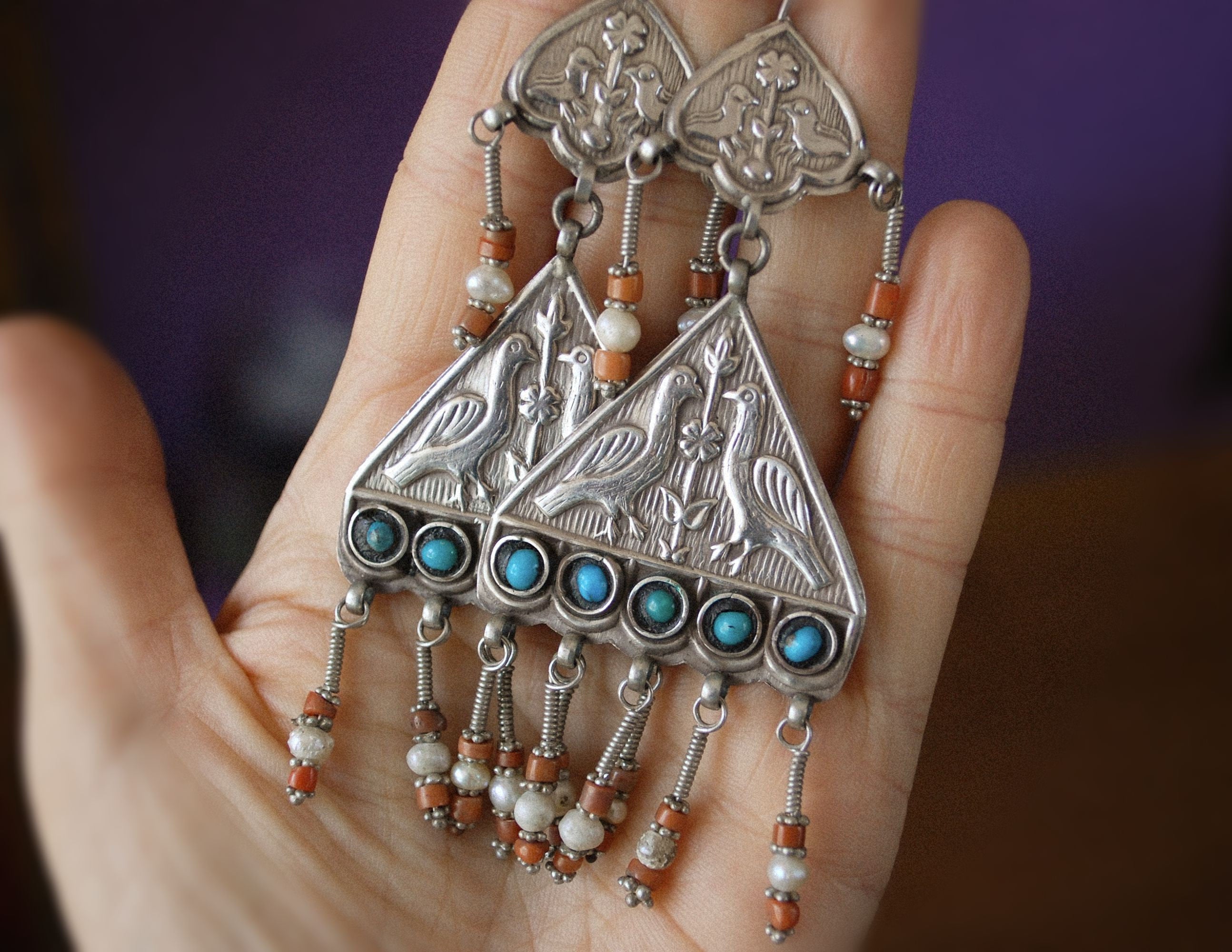 Uzbek Coral Earrings - Central Asian Earrings - Tribal Coral Turquoise Earrings - Uzbekistan Jewelry - Tribal Earrings