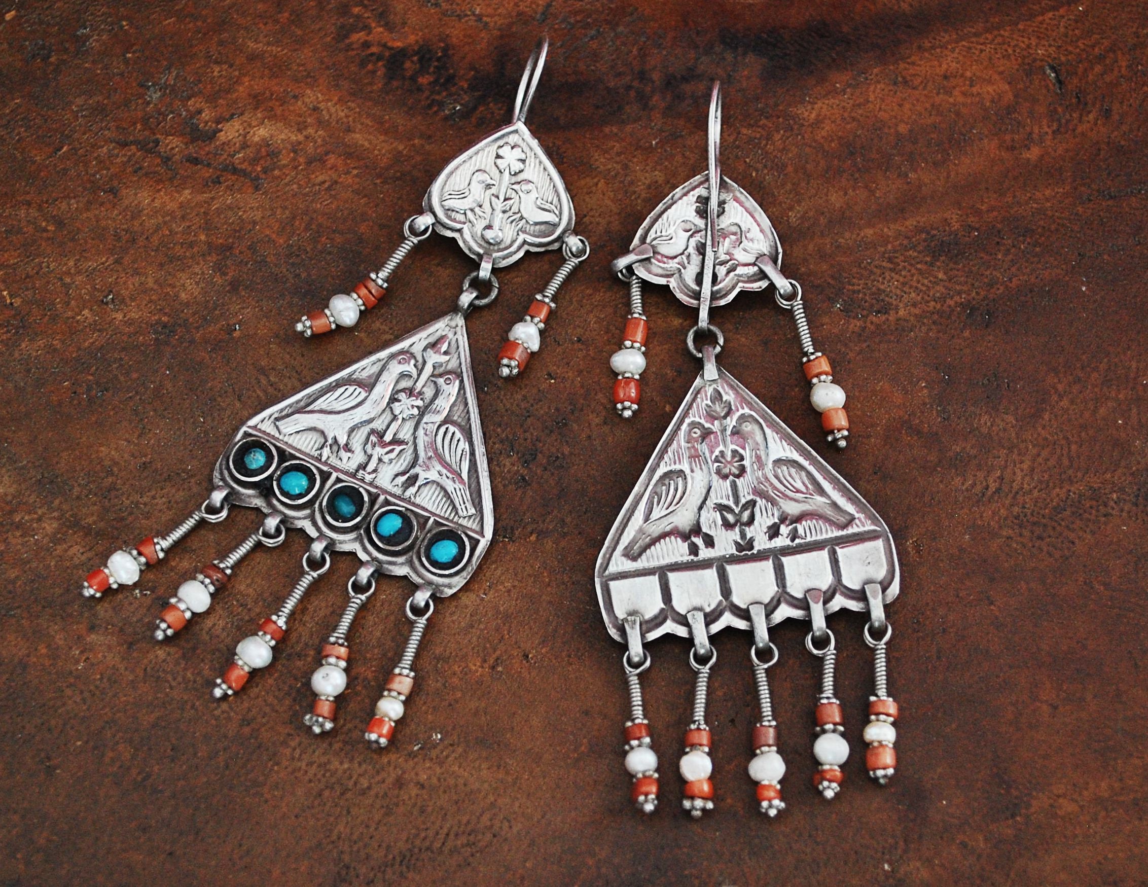 Uzbek Coral Earrings - Central Asian Earrings - Tribal Coral Turquoise Earrings - Uzbekistan Jewelry - Tribal Earrings