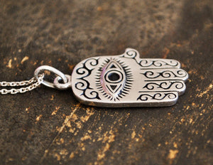 Hamsa Pendant with Eye - Hand of Fatima Pendant Amulet on Silver Chain