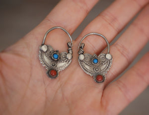 Antique Afghani Hoop Earrings with Turquoise and Coral - Tribal Hoop Earrings - Afghani Jewelry - Ethnic Hoop Earrings - Tribal Earrings