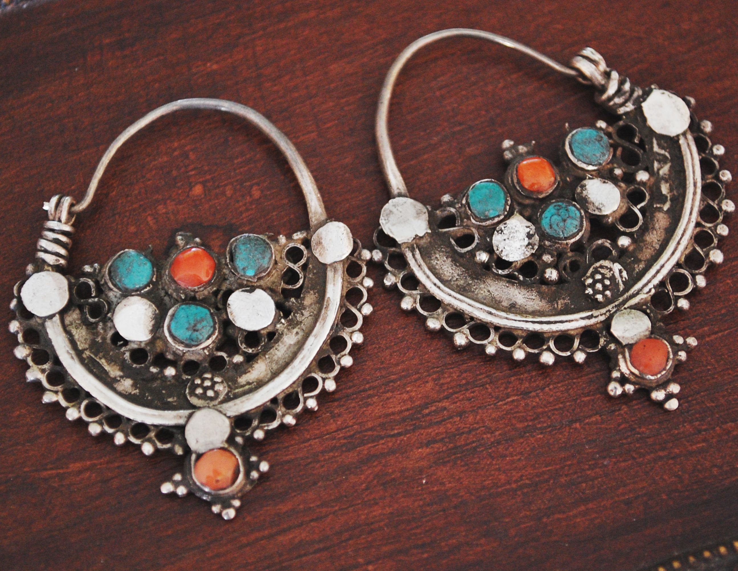 Antique Afghani Hoop Earrings with Turquoise and Coral - Tribal Hoop Earrings - Afghani Earrings - Ethnic Hoop Earrings - Afghani Jewelry