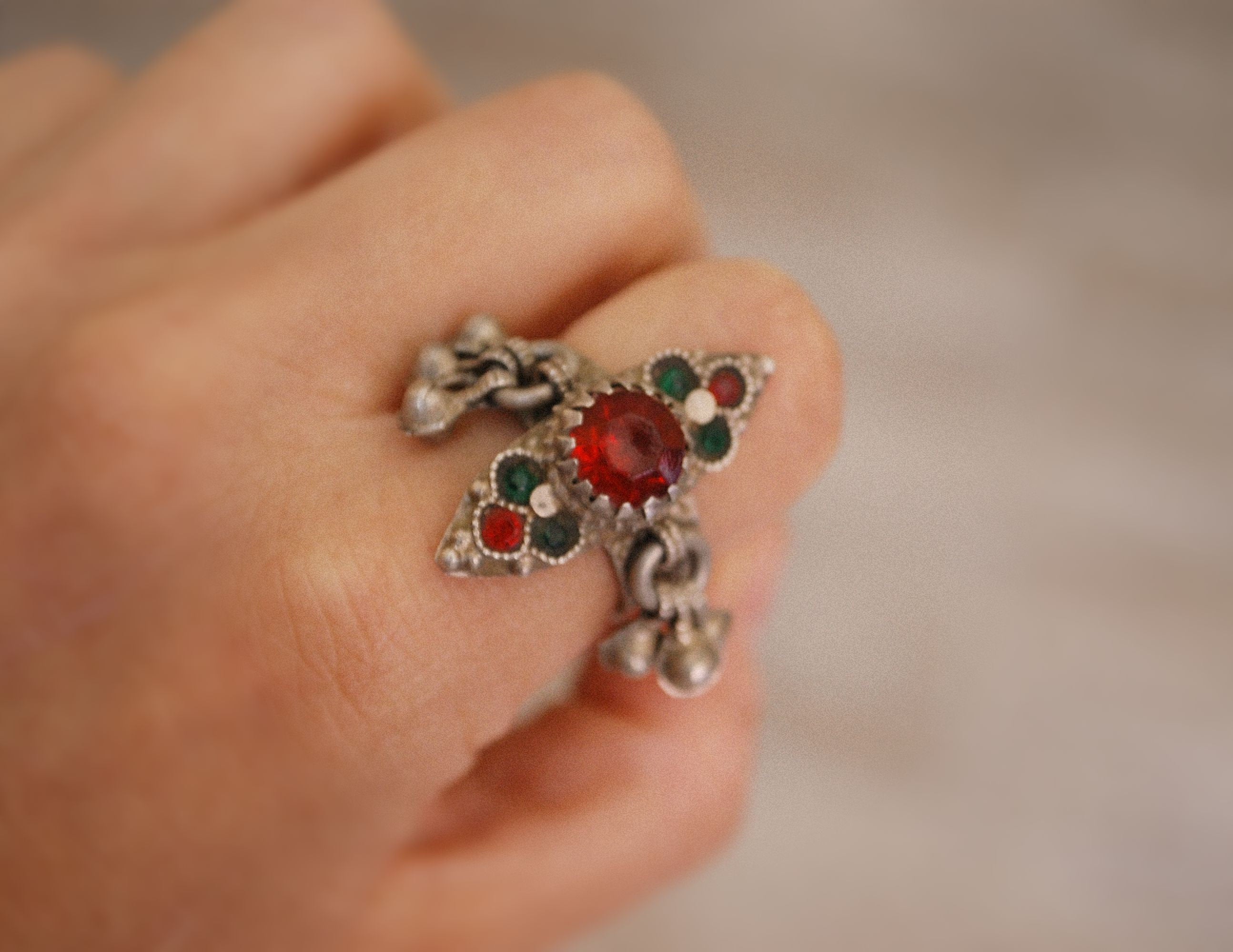 Afghani Ring with Red and Green Glass Stones - Size 8 - Afghani Jewelry - Afghanistan Ring - Ethnic Jewelry - Ethnic Ring