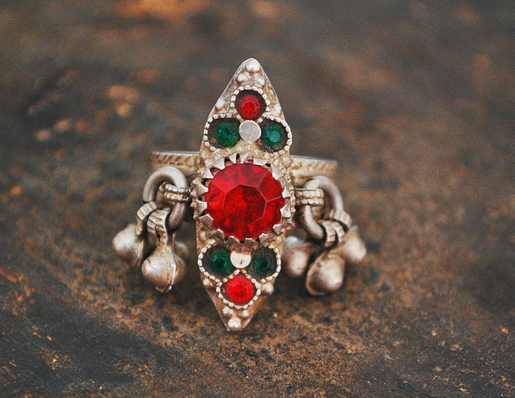 Afghani Ring with Red and Green Glass Stones - Size 8 - Afghani Jewelry - Afghanistan Ring - Ethnic Jewelry - Ethnic Ring