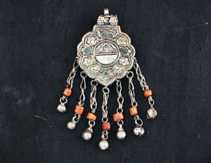 Antique Afghani Silver Pendant with Coral Tassels - Afghani Silver Pendant - Afghani Jewelry - Tribal Pendant - Ethnic Pendant