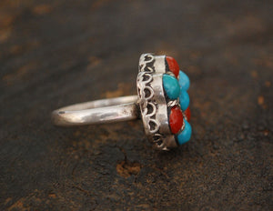 Ethnic Turquoise Coral Ring from India - Size 6