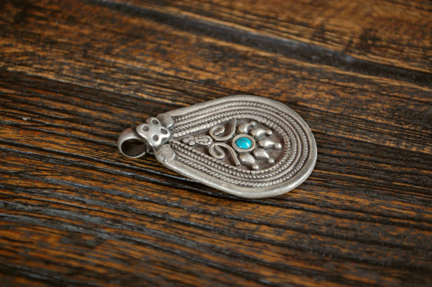 Tribal Indian Silver Pendant with Turquoise - Tribal Rajasthan Silver Amulet - Ethnic Tribal Indian Pendant - Gypsy Silver Pendant