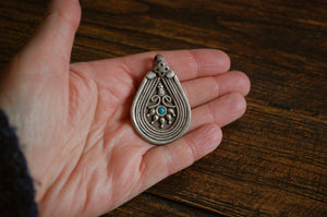 Tribal Indian Silver Pendant with Turquoise - Tribal Rajasthan Silver Amulet - Ethnic Tribal Indian Pendant - Gypsy Silver Pendant