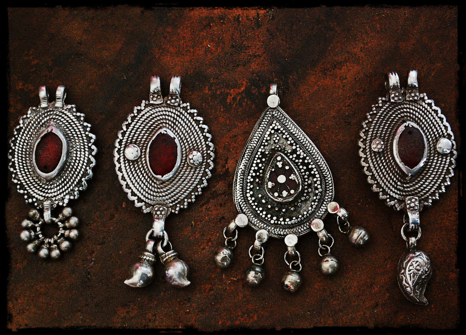 Antique Afghan Silver Pendant with Red Glass and Small Bells